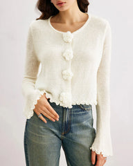 White Round Neck Flower Sweater