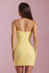 Lunetta-Embellished Scoop-Neck Bodycon Mini Dress in Yellow