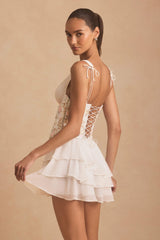 Sakura-Embellished Ruffled Corset Mini Dress in Ivory