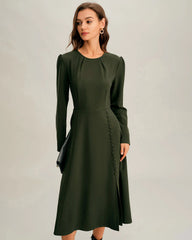 Green Ruched A-Line Slit Midi Dress