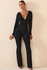 Helene-Modal Ruched Plunge Flared Jumpsuit in Black