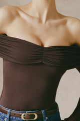 Pavni-Modal-Cashmere Blend Off-Shoulder Ruched Top in Espresso