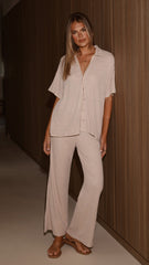 Madian Button Up Shirt and Pants Set - Taupe