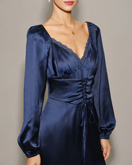 Navy Satin V Neck Ruched Midi Dress