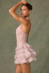 Petalia-Embellished Ruffled Halterneck Mini Dress in Dusty Rose