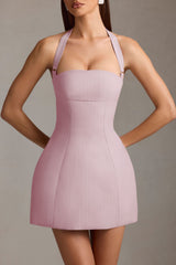 Odessa-Pinstripe Halterneck Structured A-Line Mini Dress in Mauve