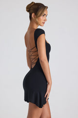 Joss-Modal Asymmetric Lace-Up A-Line Mini Dress in Black