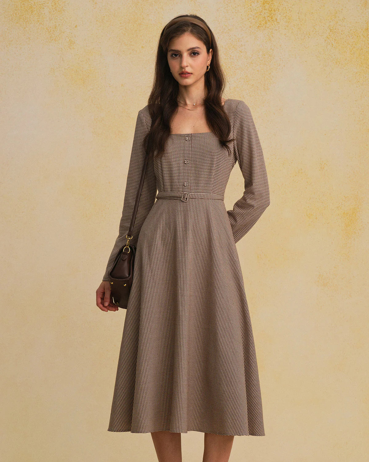 Brown Plaid Square Neck Belted Maxi Dress