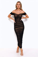 Power Moves Off Shoulder Mesh Maxi Dress Black
