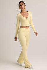 Jules-Modal Ribbed Foldover Flared Trousers in Buttercream Yellow