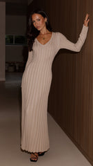 Cyra Long Sleeve Maxi Dress - Beige