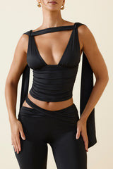 Sarai-Plunge-Neck Draped Top in Black