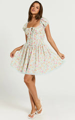 Russel Mini Dress - Fit & Flare Mini Dress with Ruched Bust in Vintage Floral