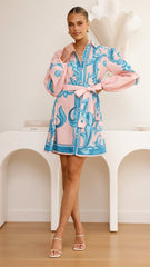 Lucia Long Sleeve Mini Dress - Aqua/Pink Print