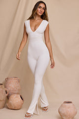 Romana-Plunge Neck Ruched Waist Jumpsuit in White