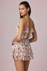 Lolina-Ruffled Lace-Up A-Line Mini Dress in Primrose Floral Print