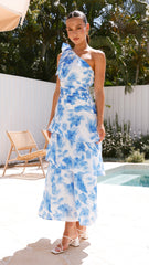 Odilie One Shoulder Maxi Dress - White/Blue Floral