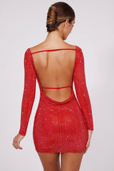 Delfina-Embellished High Neck Cowl Back Mini Dress in Fire Red