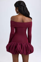 Serra-Modal Off-Shoulder Bubble Hem Mini Dress in Wine Red