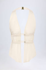 Larisa-Cut-Out Semi-Sheer Ruched Halterneck Crop Top in Ivory