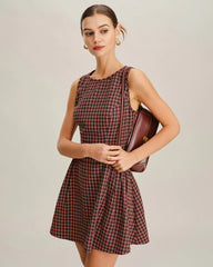 Red Plaid Boat Neck Sleeveless Mini Dress