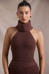 Sakari-Ribbed-Knit Turtleneck Backless Top in Espresso