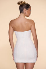 Basel-Embellished Strapless Cowl Neck Mini Dress in Ivory