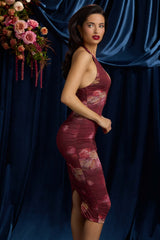 Sofija-Ruched Plunge Halterneck Midi Dress in Maroon Floral Print