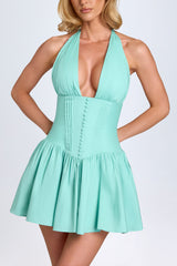 Jessalie-Pintucked Halterneck Mini Dress in Sea Green