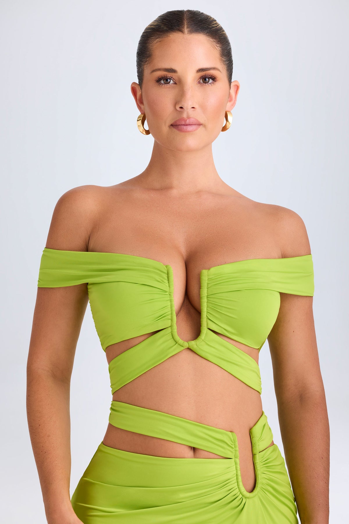 Zene-Cut-Out Off-Shoulder Crop Top in Lime Green