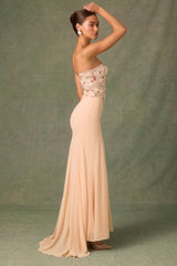 Lysana-Embellished Corset Fishtail Gown in Floral Beige