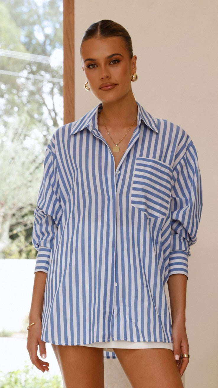 Zoah Long Sleeve Button Up Shirt - Blue/White Stripe