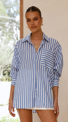 Zoah Long Sleeve Button Up Shirt - Blue/White Stripe