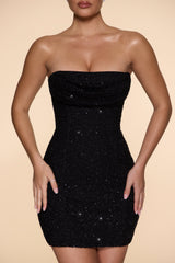 Basel-Embellished Strapless Cowl Neck Mini Dress in Black