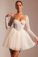 Calliope-Embellished Long Sleeve Tulle Skirt Mini Dress in Ivory
