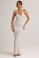 Hallie-Modal Halterneck Maxi Dress in Pink Yellow Stripe