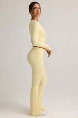 Jules-Modal Ribbed Foldover Flared Trousers in Buttercream Yellow