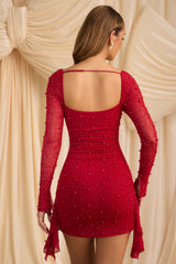 Tivoli-Embellished Cowl-Neck Draped Mini Dress in True Red