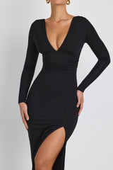 Marcela-Modal Plunge Neck Long Sleeve Maxi Dress in Black