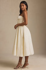 Esmeralda-Lace-Trim Pintucked Poplin Midaxi Dress in Ivory