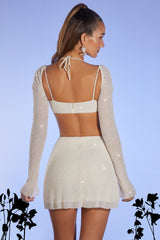 Lucerne-Embellished Long Sleeve Crop Top in Ivory
