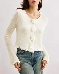 White Round Neck Flower Sweater