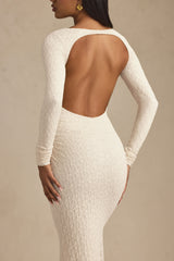 Tarini-Ruched Backless Lace Maxi Dress in Ivory