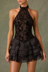 Petalia-Embellished Ruffled Halterneck Mini Dress in Black