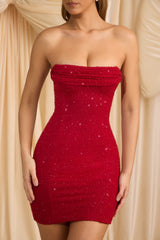 Basel-Embellished Strapless Cowl-Neck Mini Dress in True Red