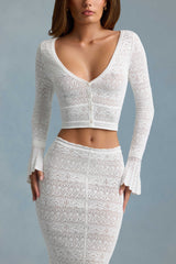 Ylena-Ruffle-Trim Pointelle-Knit Cropped Cardigan in White