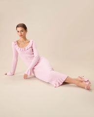 Women's Pink U-Neck Ruffle Bodycon Sweater Dress