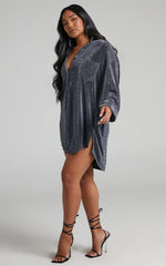 Ruri Mini Dress - Sparkly Oversized Shirt Dress in Black and Silver