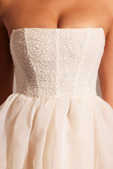 Rosette-Embellished Corset Tulle Skirt Midi Dress in Ivory