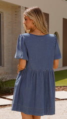 Cantara Tie Front Mini Dress - Mid Blue Denim